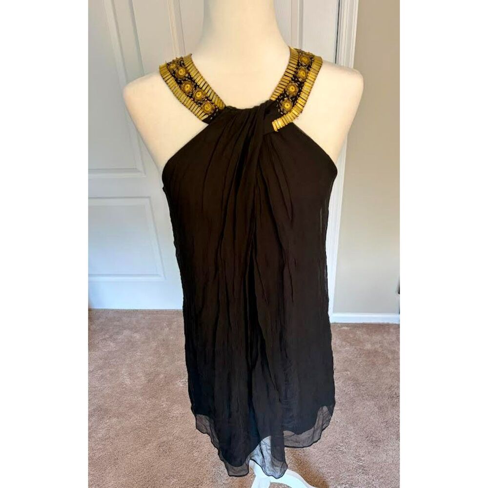 VINTAGE 90s Y2K ECI New York 100% Silk Black Halter Mini Dress Gold Neck Size 2
